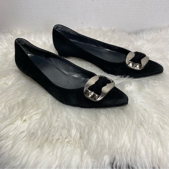 Stuart Weitzman Black Suede Heels with Silver Buckle Sz-6 - Picture 3 of 6